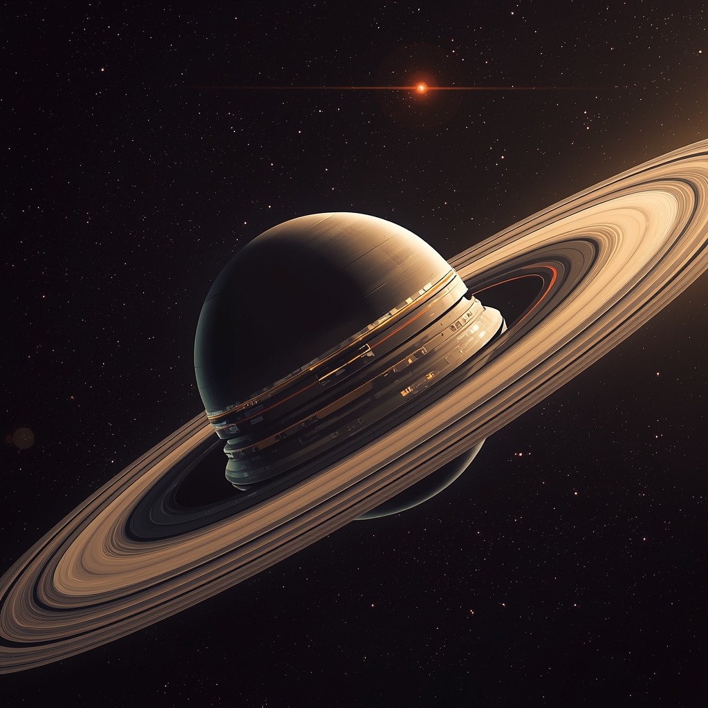 Voyager-style deep space probe passing Saturn rings, dramatic lighting, highly detailed spaceship, no woman